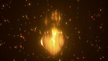 abstrakt feurig Verbrennung im ein Flamme liebend Herz gebrochen von Liebe mit ein Riss auf das Hintergrund von Funken. Video 4k, Bewegung Design