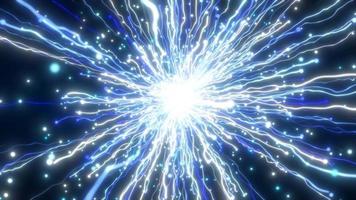 Abstract glowing energy explosion blue swirl firework from lines and magic particles abstract background. Video 4k