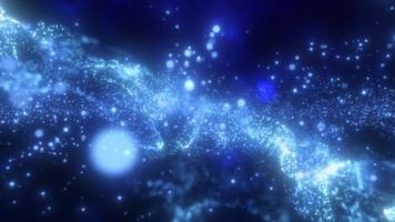 Abstract blue glowing flying waves of energy particles futuristic high tech background. Video 4k