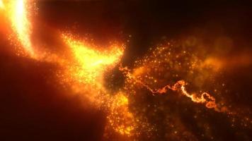 Abstract background of orange fiery particles of energy magic waves flying from the wind with the effect of glow and blur bokeh. Video 4k, 60 fps