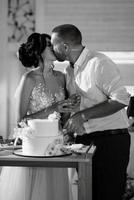 newlyweds happily cut and taste the wedding cake photo