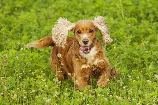 Isolated cocker spaniel running to you in grass background photo