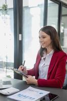 Marketing, Finance, Accounting, Planning, Team female accountant using laptop calculator and documents, charts, graphs in the analysis of the company is profit. photo