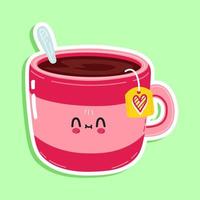 Cute sticker pink cup of tea character. Vector hand drawn cartoon kawaii character illustration icon. Isolated on white background. Pink cup of tea character concept