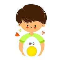 Young cute funny boy hold boiled egg in hand. Young boy hugs cute egg. Vector hand drawn doodle style cartoon character illustration icon design. Isolated on white background