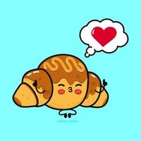Cute funny chocolate Croissant doing yoga with speech bubble. Vector hand drawn cartoon kawaii character illustration icon. Isolated on blue background. Croissant in love character concept