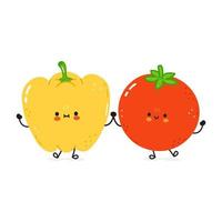 Yellow pepper and tomato card. Vector hand drawn doodle style cartoon character illustration icon design. Happy green pepper and tomato friends concept card