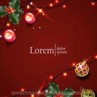 Vector banner illustration. advertisement template. Square background in red with christmas balls, lights and sparkles.