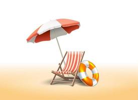 3d realistic vector icon of sunbed with umbrella on the sand.