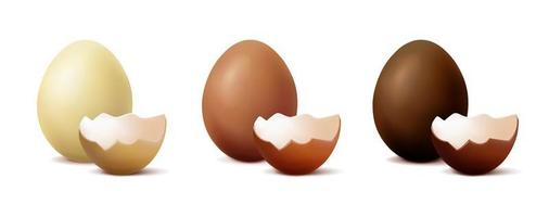 3d realistic vector icon illustration. Set of chocolate eggs, white, milk and dark chocolate.