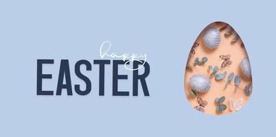 Happy Easter text and cut out Easter egg and colorful chocolate eggs in heart. Happy Easter greeting banner photo