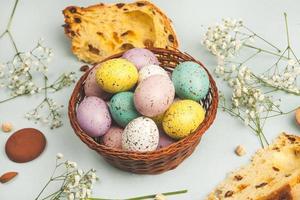 banner. Easter frame with eggs and feathers on a blue wooden background. Minimal concept. View from above. Card with copy space for text. photo