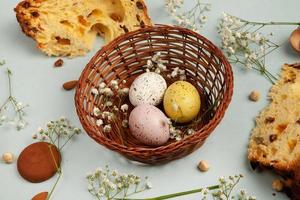 banner. Easter frame with eggs and feathers on a blue wooden background. Minimal concept. View from above. Card with copy space for text. photo