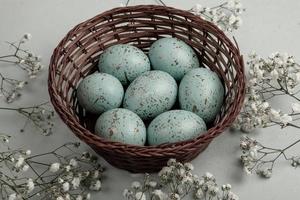 banner. Easter frame with eggs and feathers on a blue wooden background. Minimal concept. View from above. Card with copy space for text. photo