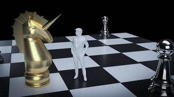 The unicorn and man figure on chess board for business concept 3d rendering photo