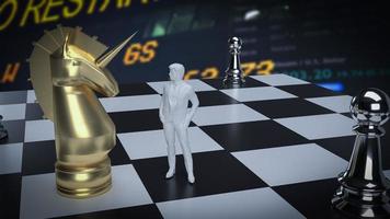 The unicorn and man figure on chess board for business concept 3d rendering photo