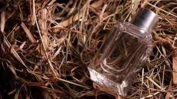 Perfume on dry grass Transparent bottle with perfume video