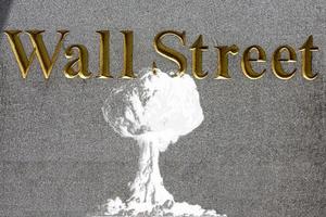 nuclear explosion on wall street stock exchange sign photo