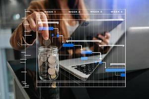 gerente de proyecto trabajando y actualizando tareas con hitos, planificación de progreso y diagrama de programación de diagrama de Gantt. Tranvía de negocios trabajando foto