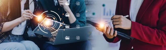 Document Management System , online documentation database and process automation to efficiently manage files, knowledge and documentation in enterprise with ERP. Corporate business technology. photo