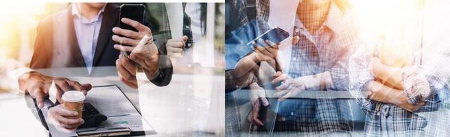 Financial analysts analyze business financial reports on a digital tablet planning investment project during a discussion at a meeting of corporate showing the results of their successful teamwork. photo