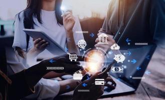 futuristic digital processing of biometric identification fingerprint scanner for access personal financial data. surveillance and security scanning of digital programs cyber futuristic applications photo