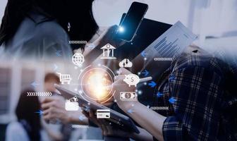 futuristic digital processing of biometric identification fingerprint scanner for access personal financial data. surveillance and security scanning of digital programs cyber futuristic applications photo