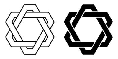 Logo tattoo weaving triangles with cut corners, vector connected triangles, star david with cut corners