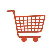 Red color shopping cart in flat vector style. Hand drawn vector illustration online shopping