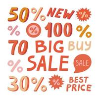 Stickers Big sale and numbers discount in flat vector style. Hand drawn vector illustration