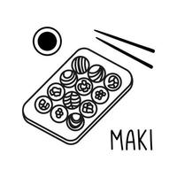Japanese sushi roll in hand drawn doodle style. Asian food for restaurants menu vector