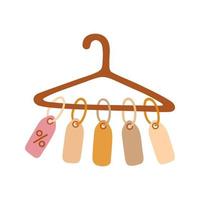 Color shopping labels on hanger in flat vector style. Hand drawn vector illustration about sale