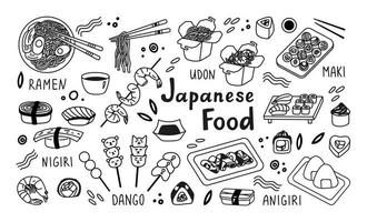 grande colección japonés comida en mano dibujado garabatear estilo. asiático comida para restaurantes menú vector