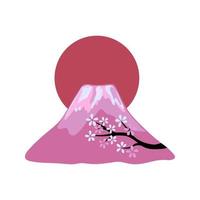 Japanese mountain Fujiyama with sakura tree and big sun in vector hand drawn style.