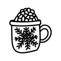 Hand drawn winter cup of cocoa with marshmallows and cream. Doodle vector illustration