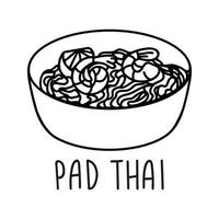 Pad thai noodle bowl in hand drawn doodle style. Asian food for restaurants menu vector