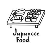 japonés Sushi rodar y nigiri en madera tablero en mano dibujado garabatear estilo. asiático comida vector