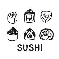 Japanese sushi roll set in hand drawn doodle style. Asian food for restaurants menu vector