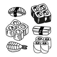 Japanese sushi roll set in hand drawn doodle style. Asian food for restaurants menu vector