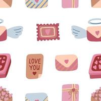 Cute romantic seamless pattern with letters, hearts and box vector