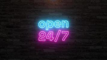 Open 24 per 7 text with neon effect animation. Seamless looping video