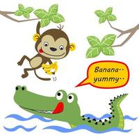 Funny crocodile in river, cute monkey hanging on tree branches carrying banana, vector cartoon illustration