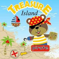 Cute bear in pirate costume holding treasure map, pirate sailing elements, vector cartoon illustration