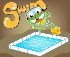 Funny frog wearing swimming goggles in swimming pool, vector cartoon illustration