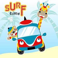 cute giraffe with bear on funny car carrying surfboard on palm tree background, vector cartoon illustration