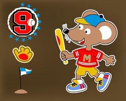 Cute mouse playing baseball, baseball elements, vector cartoon illustration