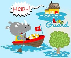 Cute rhinoceros the lifeguard on boat in rescue, vector cartoon illustration