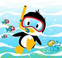 Cute penguin diving with marine animals undersea, vector cartoon illustration