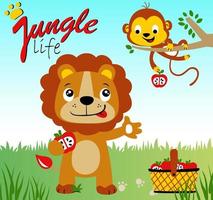 Funny lion with monkey harvesting fruits, vector cartoon illustration