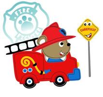 Cute bear on firetruck with funny road sign, vector cartoon illustration